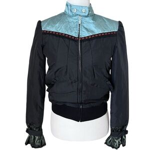 Custo Barcelona Y2K Nylon Black Fitted Ruffled Lace Bomber Short Jacket Size 2